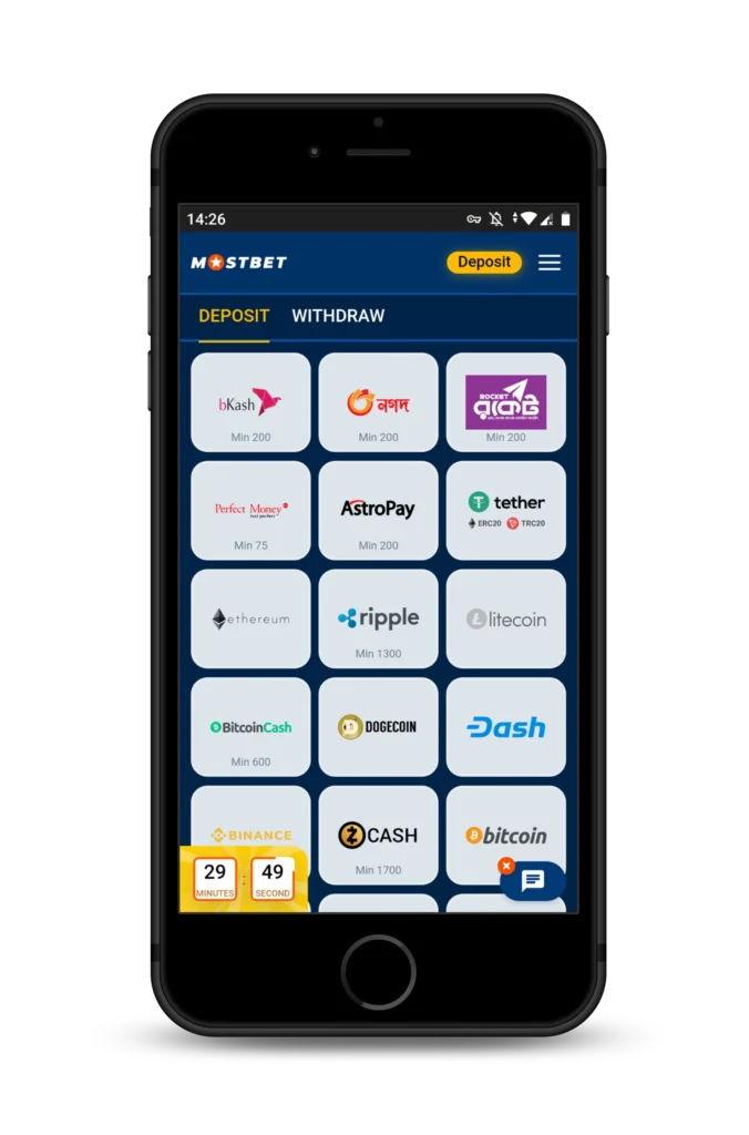 Depositing funds to Mostbet after registration